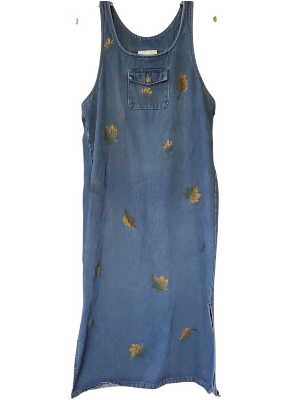 Viva Denim Blue Handpainted Leaf Accent Sleeveless Dress Jumper Size Large